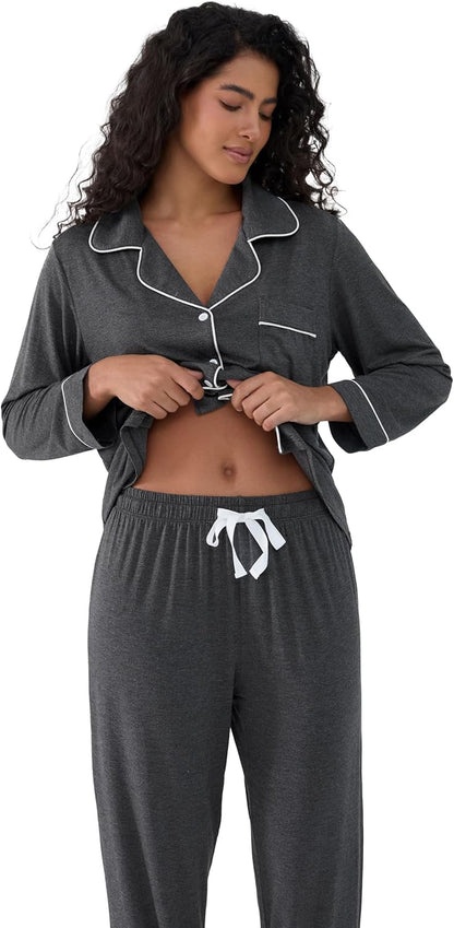Luxurious Women's Bamboo Viscose Pajama Set - Long Sleeve Button-Down Cooling Sleepwear & Soft Comfortable PJ Pants